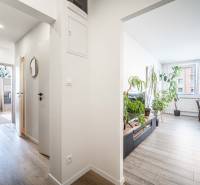 A corridor with rooms and large windows, furnishings in a 3-room apartment.