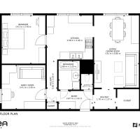 Floor plan of a 3-room apartment with a kitchen, living room, and bathroom.