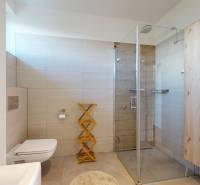 A bathroom with a spacious shower and a toilet in a 3-room apartment.
