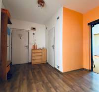 A hallway in a 4-room apartment with wooden flooring and orange-white walls.