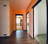 A hallway in a 4-room apartment with orange walls and a dark floor.
