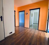 Interior of a 4-room apartment with an orange wall and wooden flooring, three open rooms.