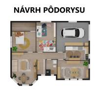 The floor plan of the family house shows rooms, a kitchen, a dining room, and a garage space.