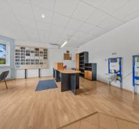 Office in a family house with a desk, chairs, and sanitary fixtures on the wall.