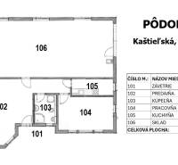 Floor plan of the family house on Kaštieľska Street in Veľký Biel with room details and area.