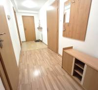 Hallway of a 4-room apartment with built-in cabinets and a mirror, light wooden paneling.