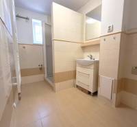 A bathroom with a sink, shower, and window in a 4-room apartment.