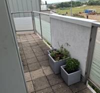 A balcony in a 4-room apartment with flower pots and a view of the outskirts of the city of Martin.