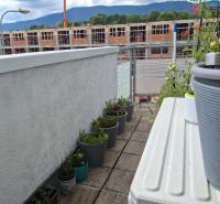 A terrace with garden planters and a view of a 4-room apartment under construction in Martin.