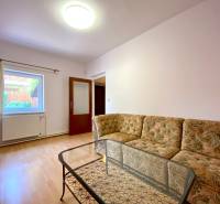 Living room in a two-room apartment with a floral sofa and a glass table.