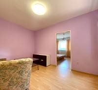 Living room of a two-room apartment with purple walls, a sofa, and a view into the bedroom.
