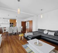 Living room and kitchen in a family house on Pluhová Street, with a sofa and a table.