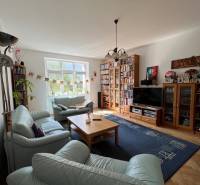 Living room of a five or more room apartment with a leather sofa, TV, and bookshelves.