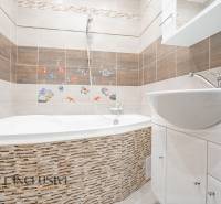 A bathroom in a 3-room apartment with a bathtub, a sink, and mosaic sea motifs.