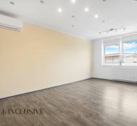 A bright room with laminate flooring, air conditioning, a window, and a radiator in a 3-room apartment.