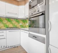 Modern kitchen in a 3-room apartment with colorful mosaic and built-in appliances.