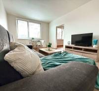 Living room in a three-room apartment with a sofa, table, and television.