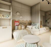 Children's room in a 4-room apartment with plush bears and an aviation wallpaper.