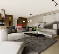 Living room in a 4-room apartment with a kitchen and a comfortable sofa.