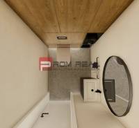 A bathroom in a 4-room apartment with a wooden ceiling, a sink, and a round mirror.