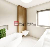 Bathroom with a shower and a sink in a 4-room apartment, decorative elements with plants.