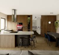 Kitchen and dining room in a 4-room apartment with wooden paneling and modern lighting.