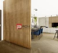 Interior of a 4-room apartment with wooden partitions, black chairs, and comfortable seating.