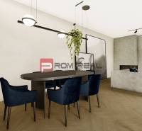 Dining table with blue chairs and a green plant in a 4-room apartment.
