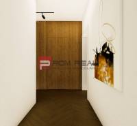 A narrow hallway of a 4-room apartment with a wooden wall and an abstract painting.