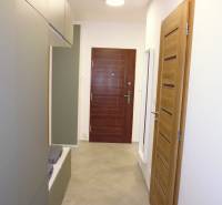 A hallway in a 3-room apartment with built-in wardrobes and wooden doors.