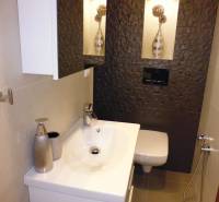 Bathroom in a 3-room apartment with an interesting wall and a sink.