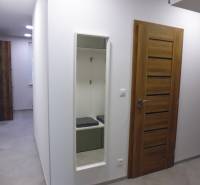 A hallway with doors and a mirror in a 3-room apartment, simple design.