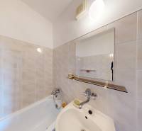 Bathroom with a shower and a sink in a 2-room apartment.