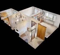 3D visualization of a 2-room apartment with room layout and windows with a view.