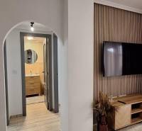 Living room in a 3-room apartment with a TV, wooden wall, and curtains.