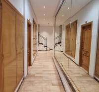 A long hallway with wooden doors and a mirrored wall in a 3-room apartment.