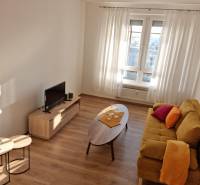 Living room in a two-room apartment with a yellow sofa, TV stand, and wooden tables.
