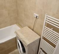 Bathroom with a bathtub, washing machine, and ladder radiator in a 2-room apartment.