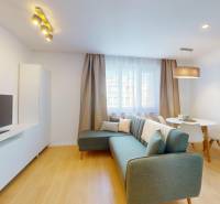 Living room with a sofa and a dining table in a 3-room apartment.