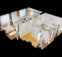Layout of a 3-room apartment with furniture and a room with a wardrobe.