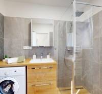 A bathroom with a shower and a washing machine in a 3-room apartment.