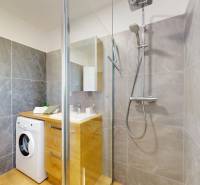 A bathroom in a 3-room apartment with a washing machine and a shower corner in the room.