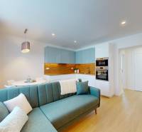 3-room apartment with a kitchen, dining table, and sofa in an open space.