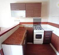Kitchen with a sink, stove, and sofa in a family house.