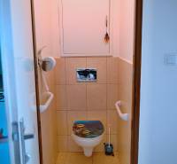 A bathroom with tiles and a decorative cover in a 3-room apartment.