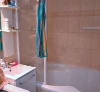 Bathroom with a shower and a white sink in a 3-room apartment.