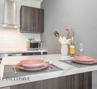 The kitchen in a 2-room apartment with a dining counter, dishes, and wine on the table.