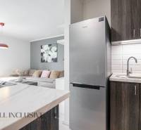 Kitchen with living room in a 2-room apartment, refrigerator, sink, sofa, balcony, decorations.
