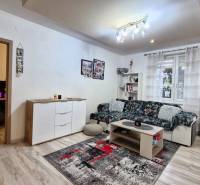 Living room with a decorative wall, wooden furniture, and flooring in a three-room apartment.