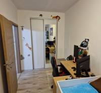 A room with a wooden floor, a workspace, a wardrobe, and a 3-room apartment.